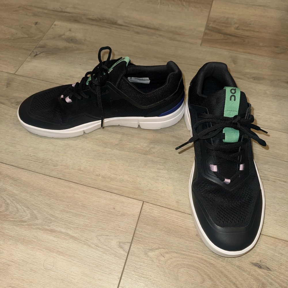 On Running Woman Black Sneakers with Mint and Pink Accents